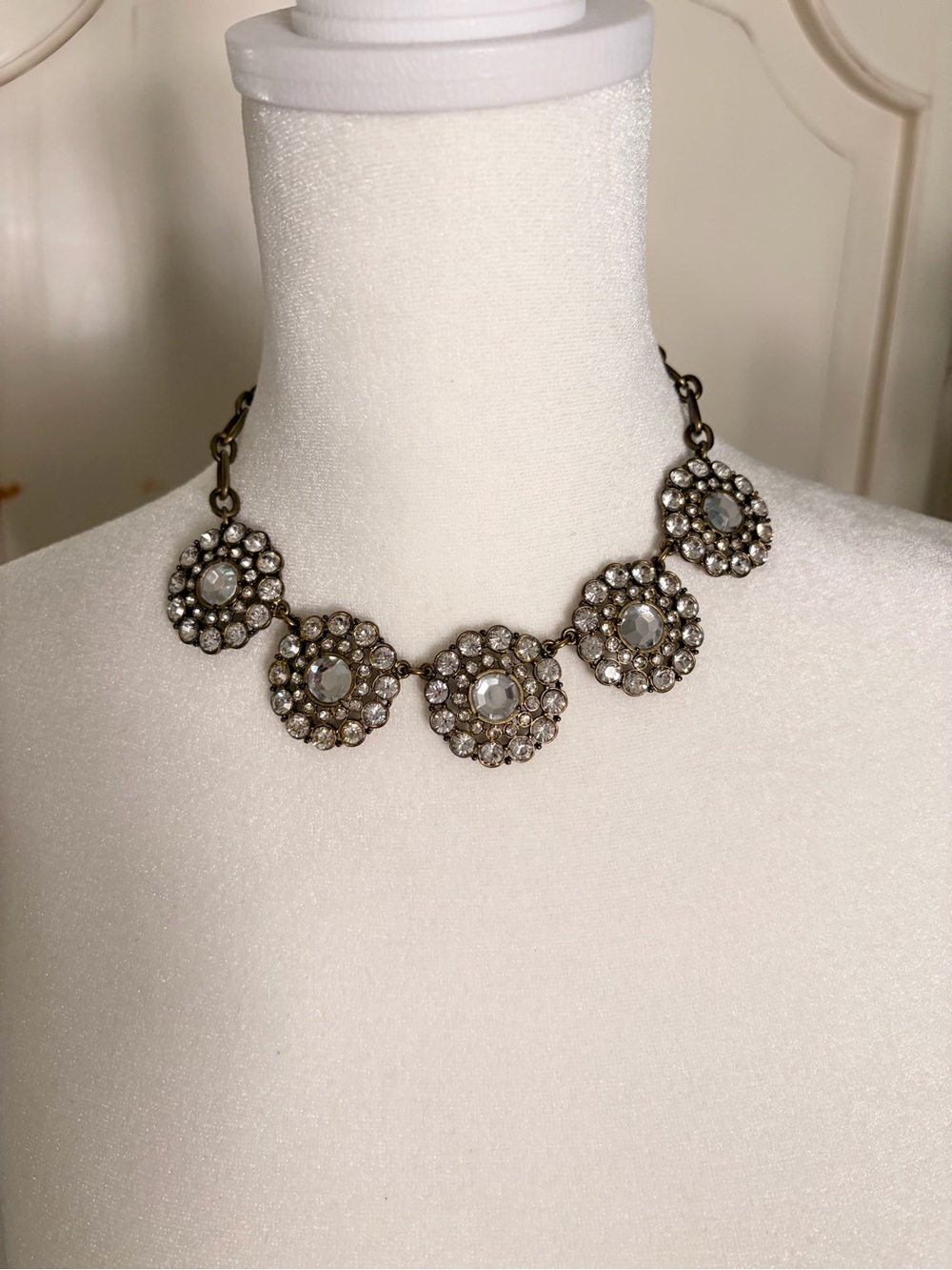 Crystal Medallion Statement Necklace - White Crystal Antique Gold.